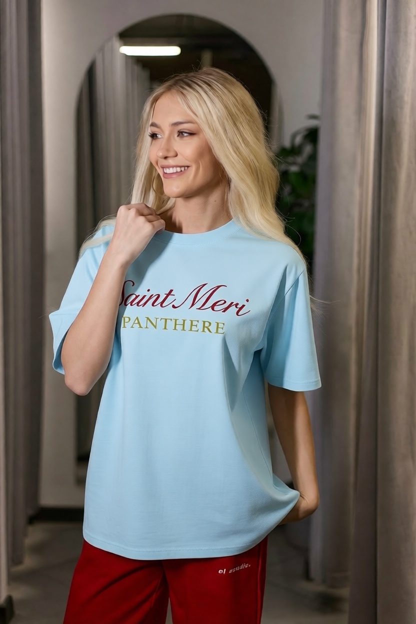 Футболка голубая с принтом тигр