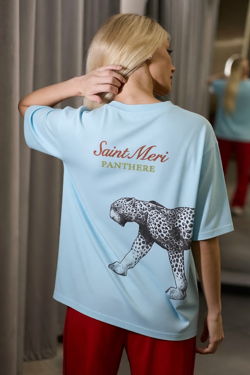 Футболка голубая с принтом тигр